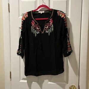 Floral Embroidered Black Blouse Size Medium